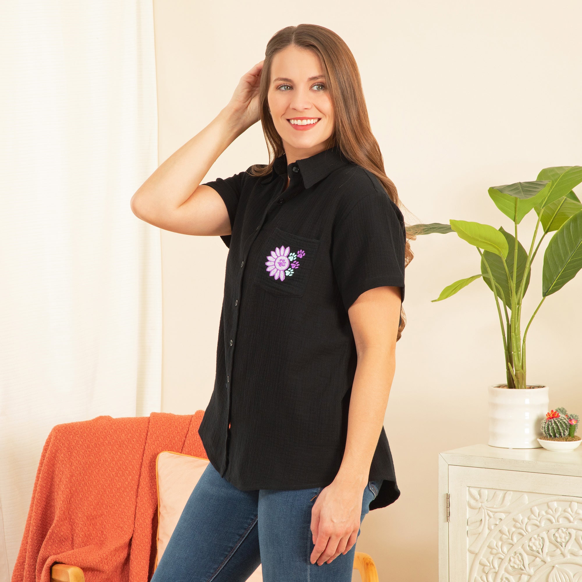 Paw Sunflower Embroidered Cotton Gauze Shirt - Aaria Tees Aaria Tees
