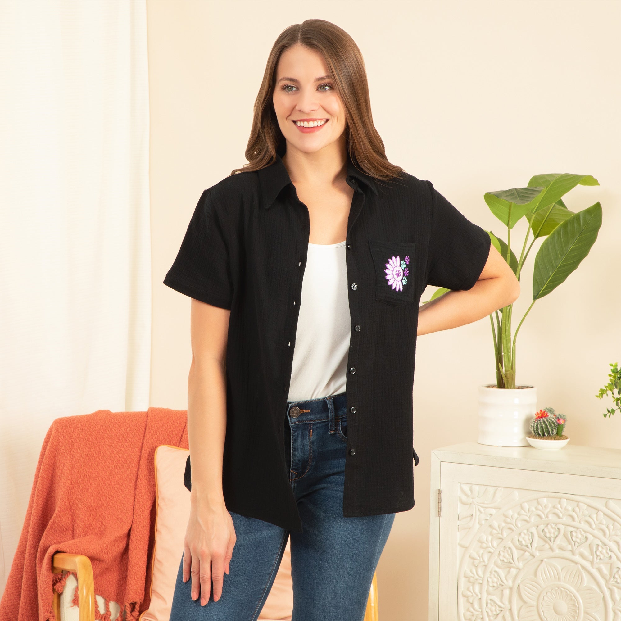 Paw Sunflower Embroidered Cotton Gauze Shirt - Aaria Tees Aaria Tees