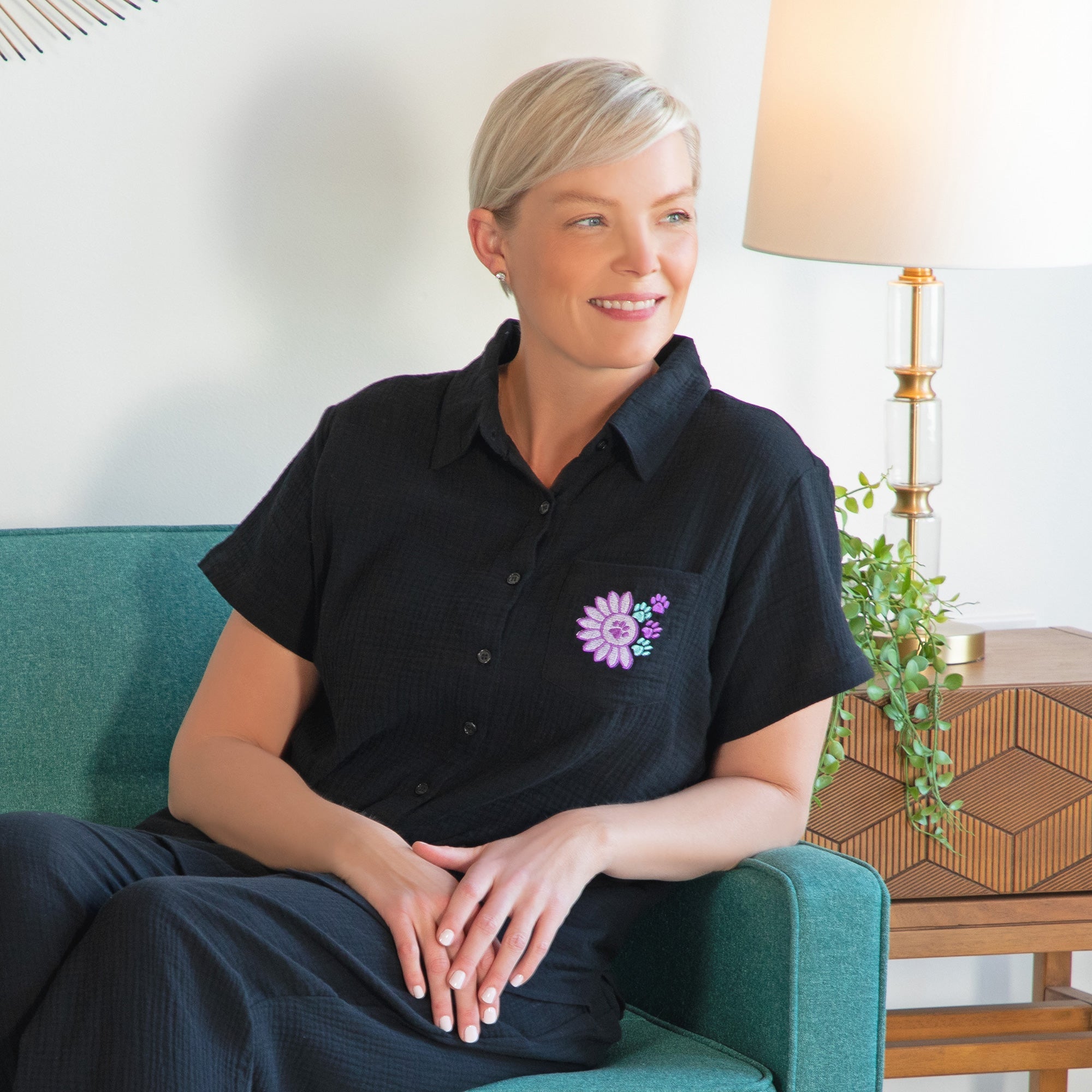 Paw Sunflower Embroidered Cotton Gauze Shirt - Aaria Tees Aaria Tees