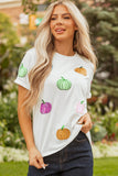 White Sequin Pumpkin Patched Cotton Blend T Shirt Aaria Tees