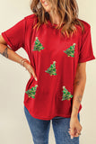 Red Sequined Christmas Tree Graphic Crewneck T Shirt Aaria Tees