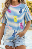 Sky Blue Stripe Sequin Easter Bunny Patched Drop Shoulder Tee Aaria Tees