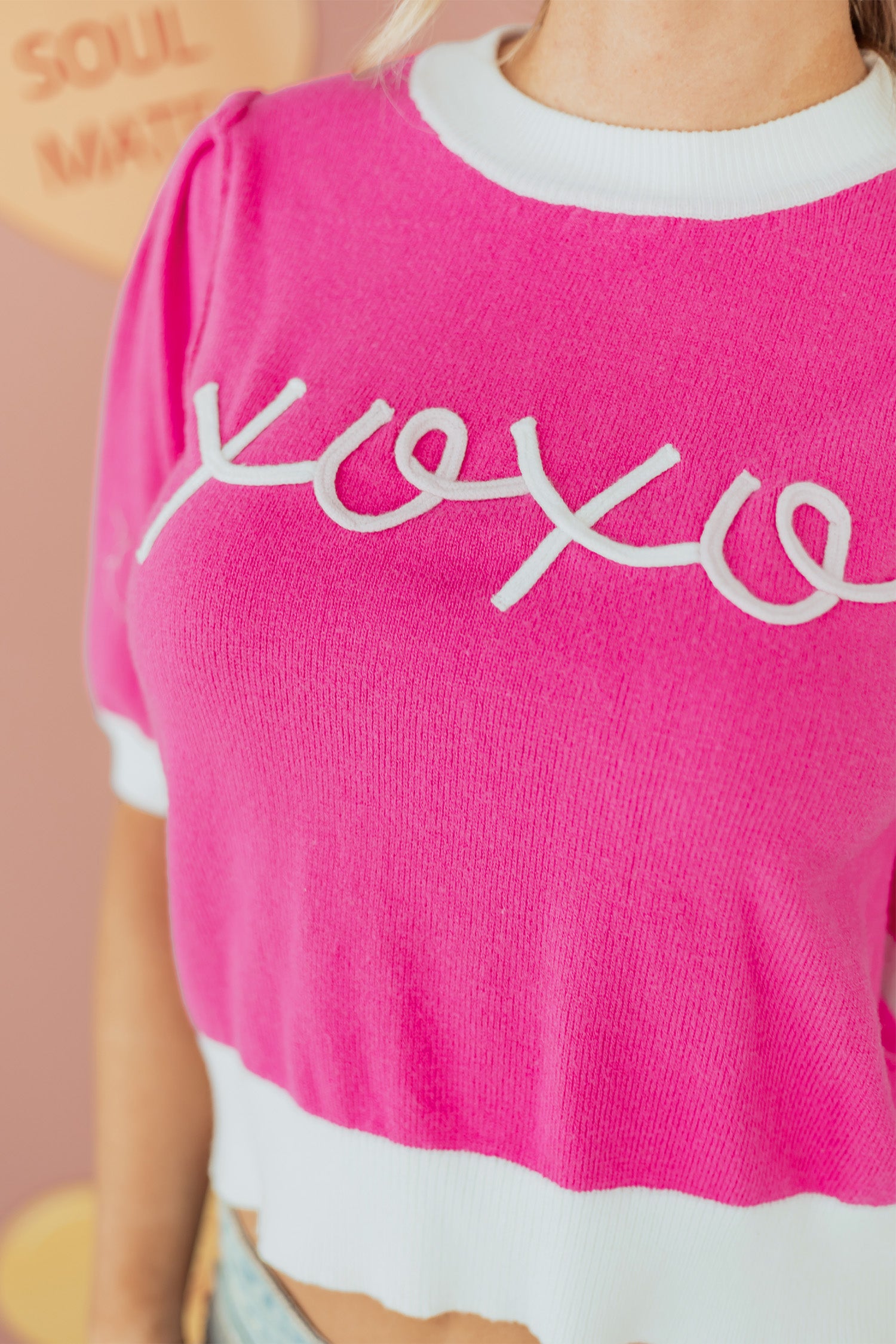 Bright Pink XOXO Embroidered Graphic Valentines Contrast Trim Crew Neck Short Puff Sleeve Sweater Tee - Aaria Tees Aaria Tees