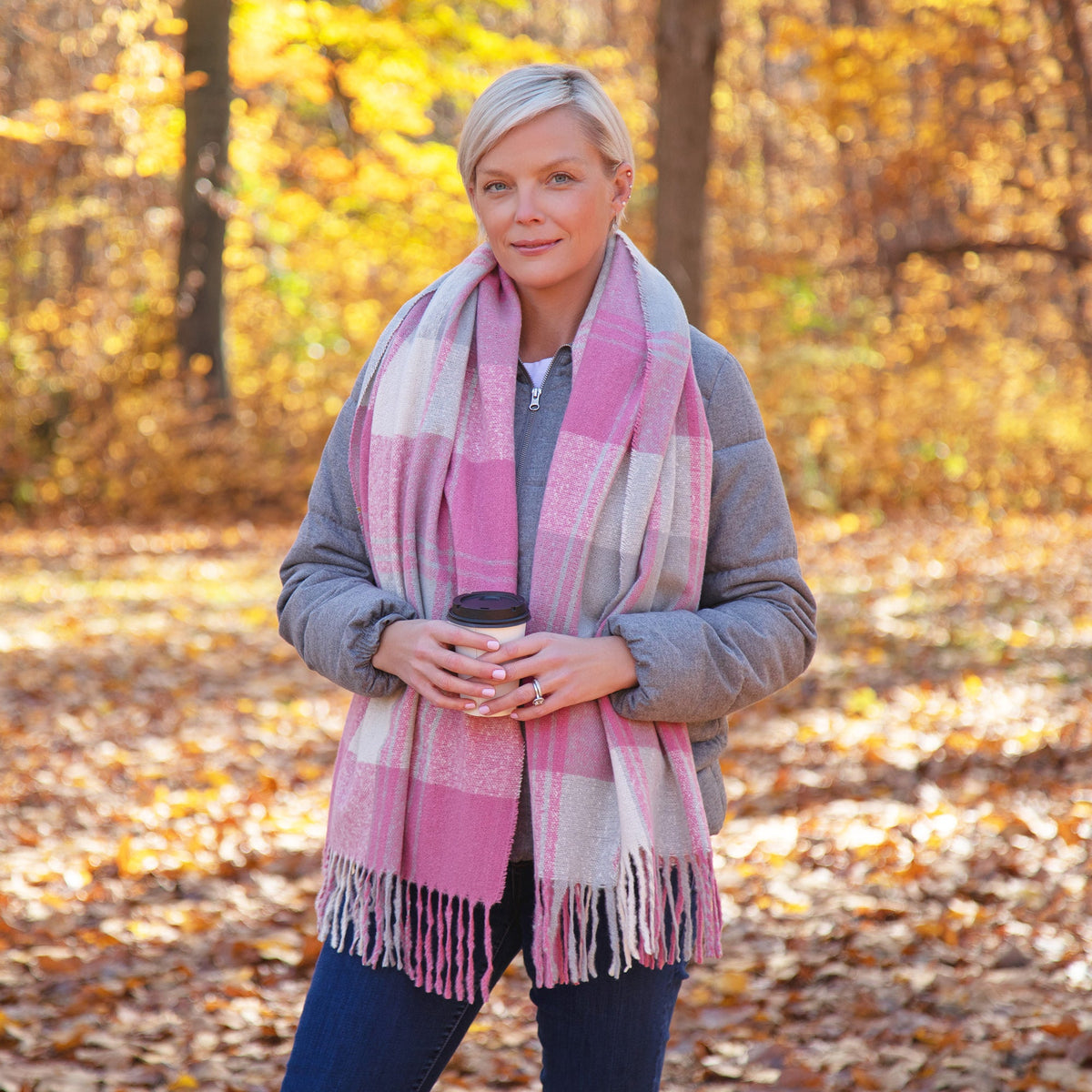 Fluffy Plaid Tassel Trim Scarf - Aaria Tees