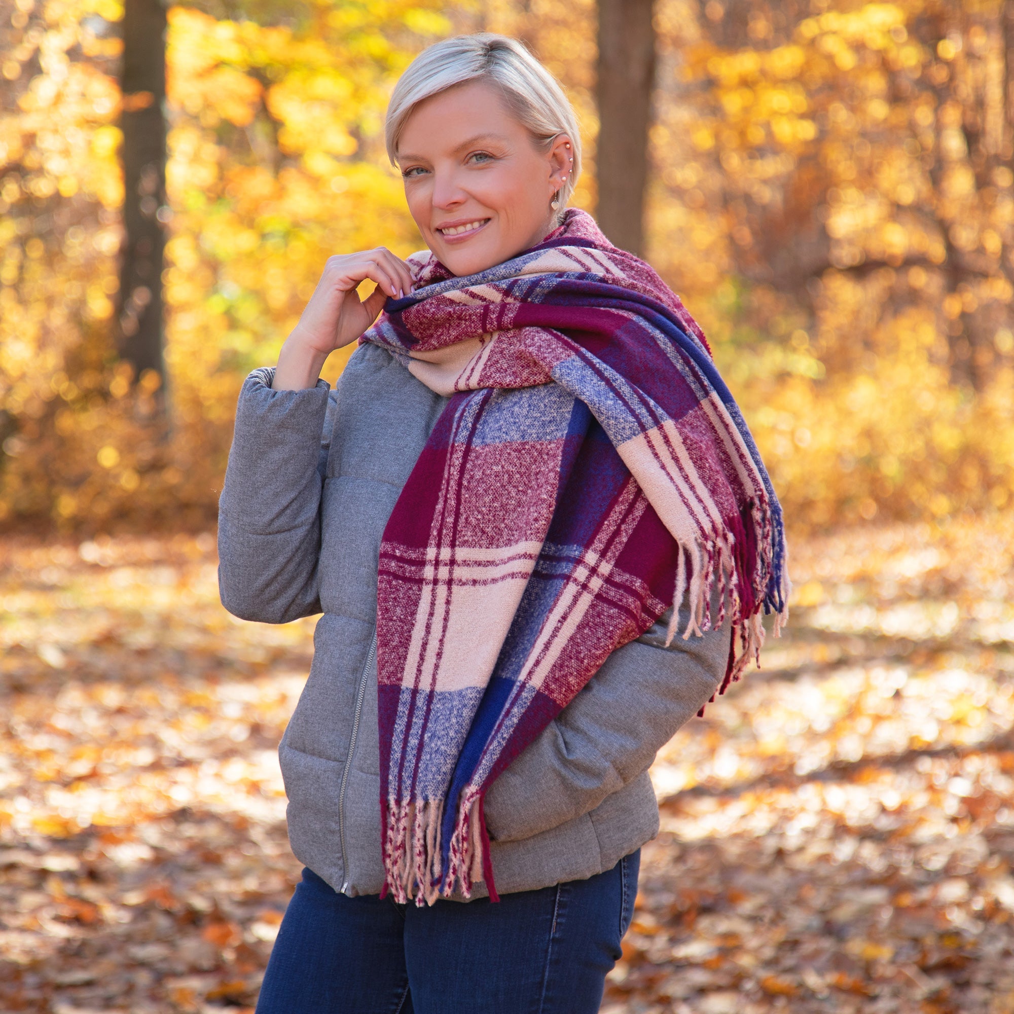 Fluffy Plaid Tassel Trim Scarf - Aaria Tees Aaria Tees