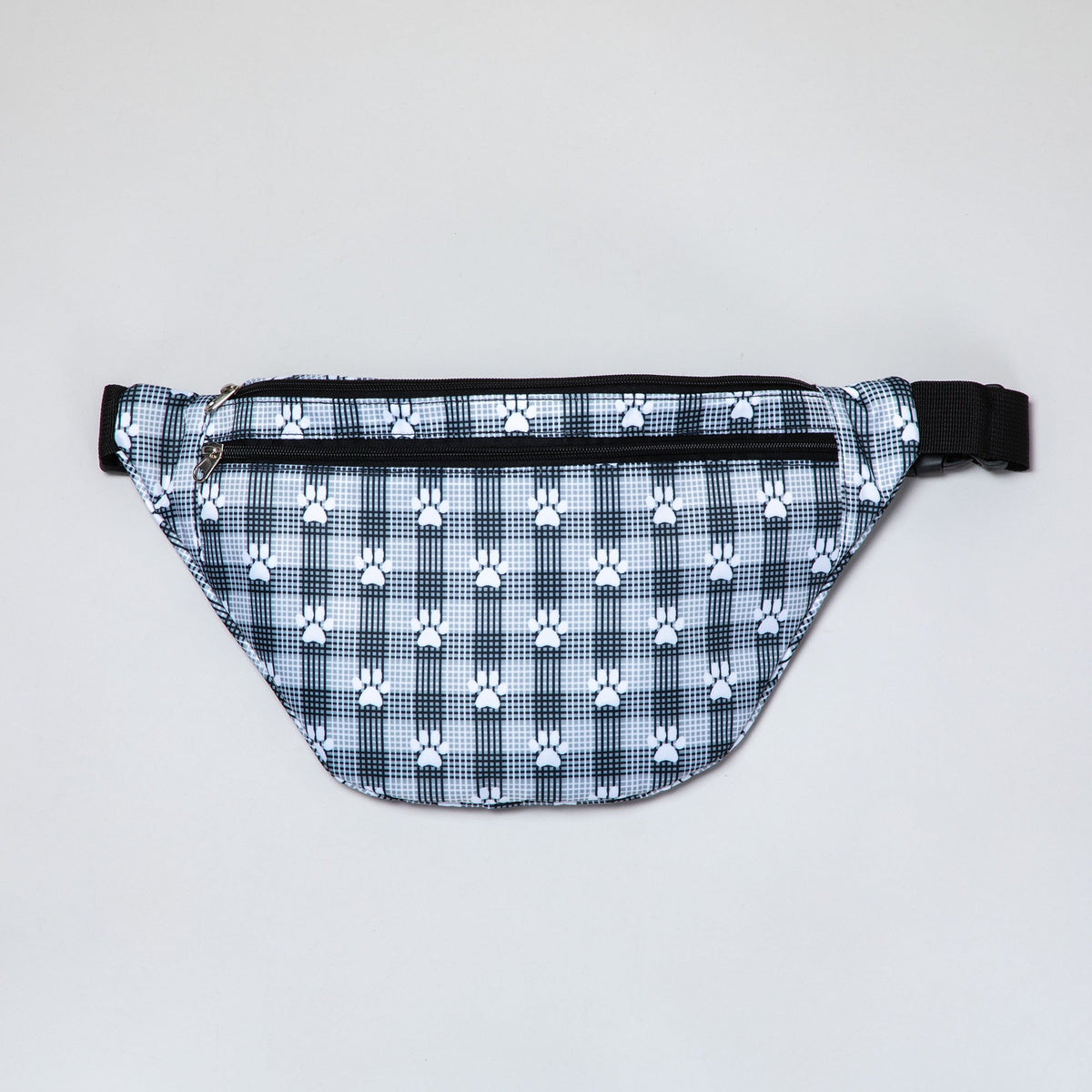Plaid Paw Print Large Fanny Pack with 3 Zippered Pockets - Aaria Tees