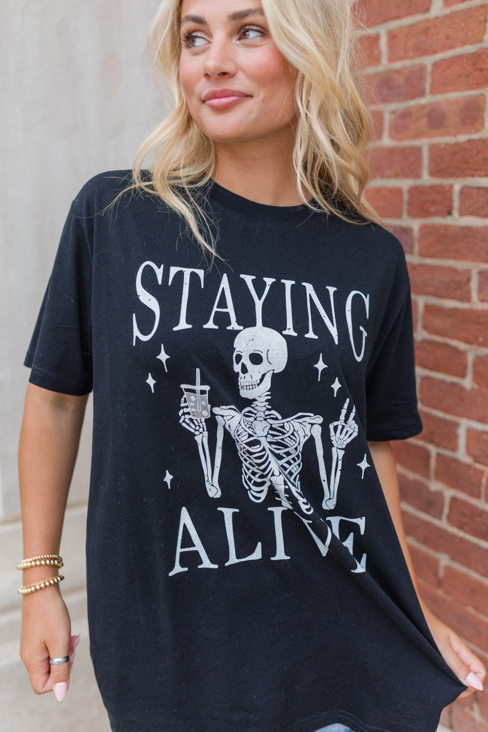 Black STAYING ALIVE Funny Skeleton Print Round Neck T Shirt - Aaria Tees Aaria Tees