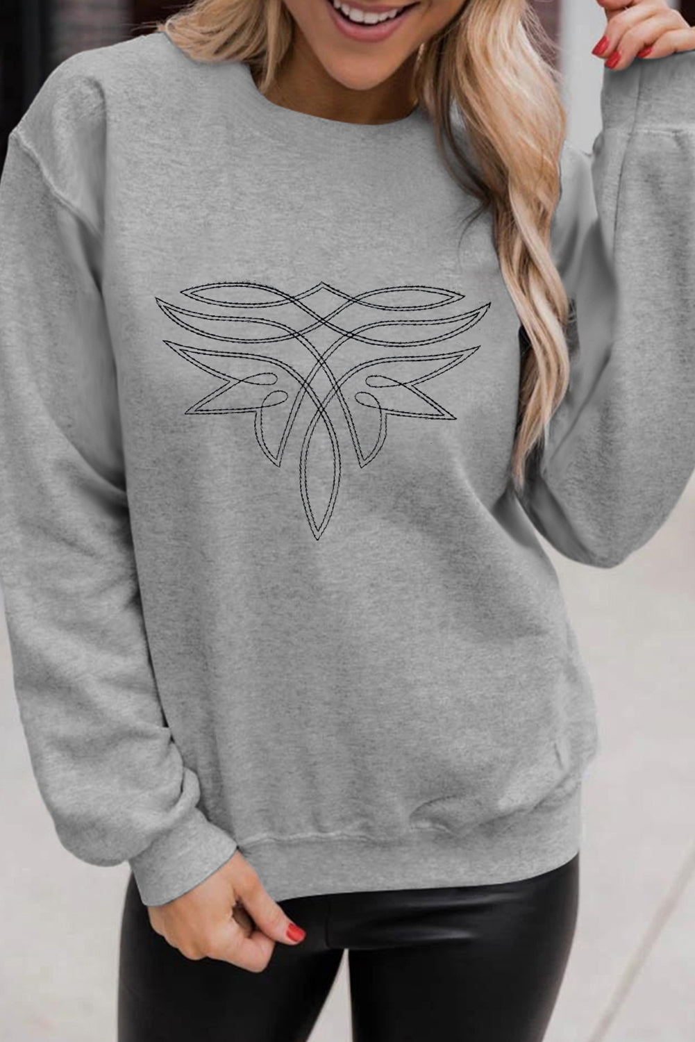 Gray Western Pattern Embroidered Drop Shoulder Pullover Top - Aaria Tees Aaria Tees