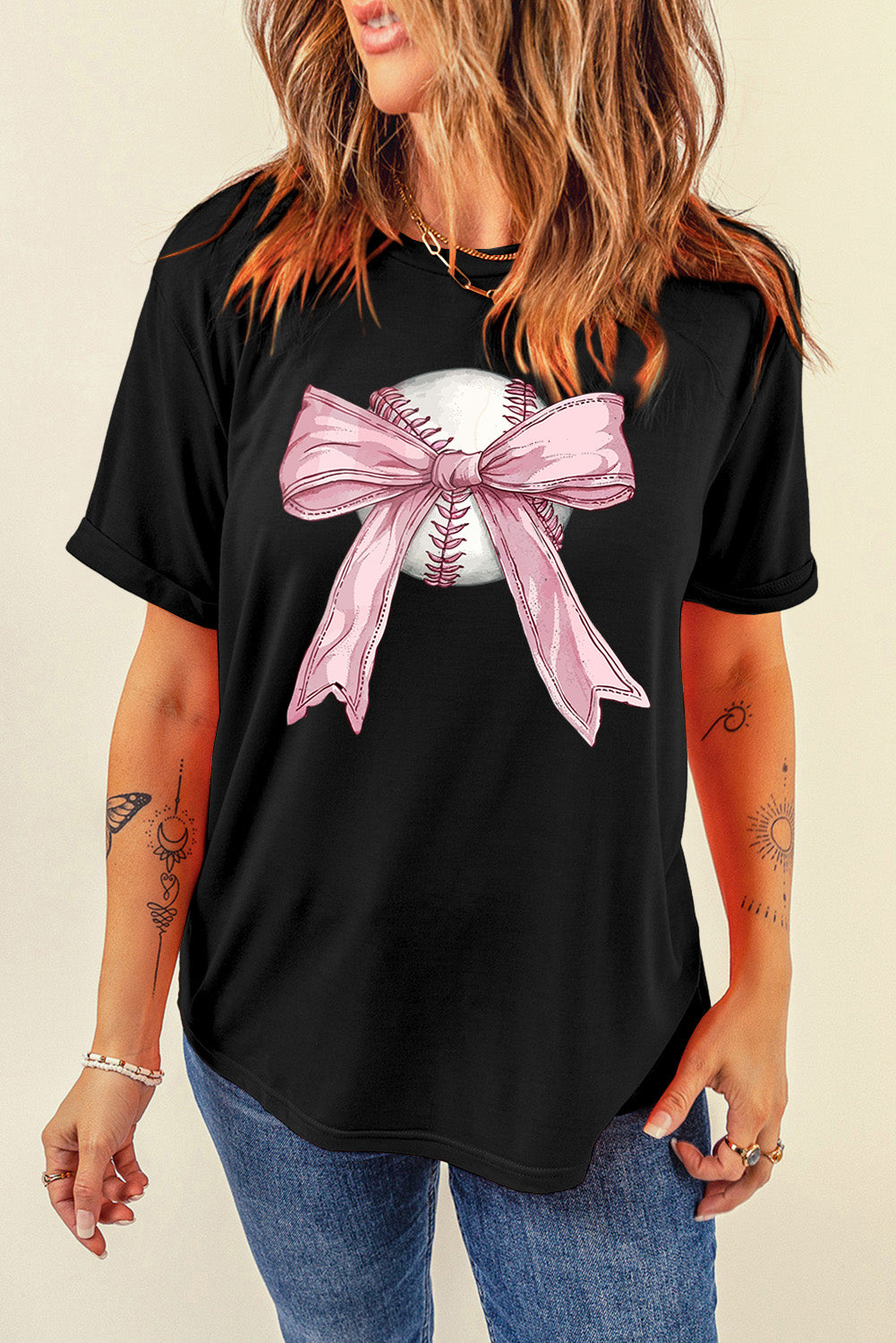 Black Baseball Bow Knot Print Round Neck T Shirt - Aaria Tees Aaria Tees