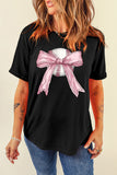Black Baseball Bow Knot Print Round Neck T Shirt - Aaria Tees Aaria Tees