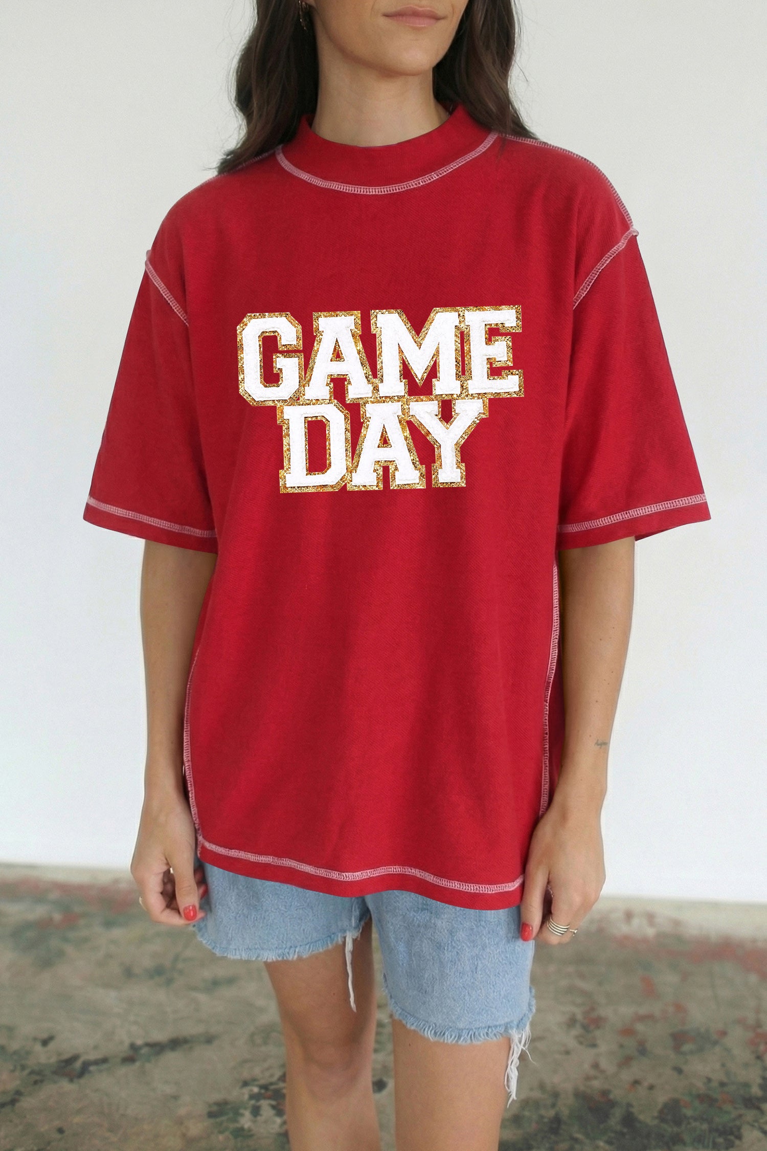 Racing Red Shiny Game Day Lettering Contrast Seam Detail Graphic Tee - Aaria Tees Aaria Tees