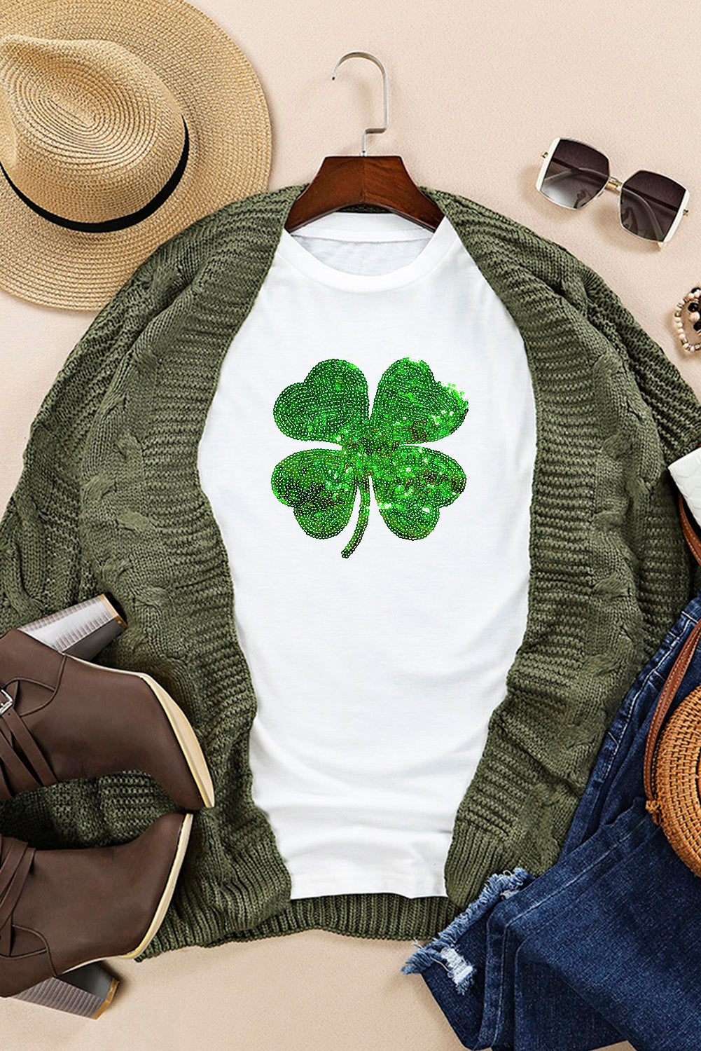 White Sequin Clover Patch Graphic St Patrick Fashion Tee - Aaria Tees Aaria Tees