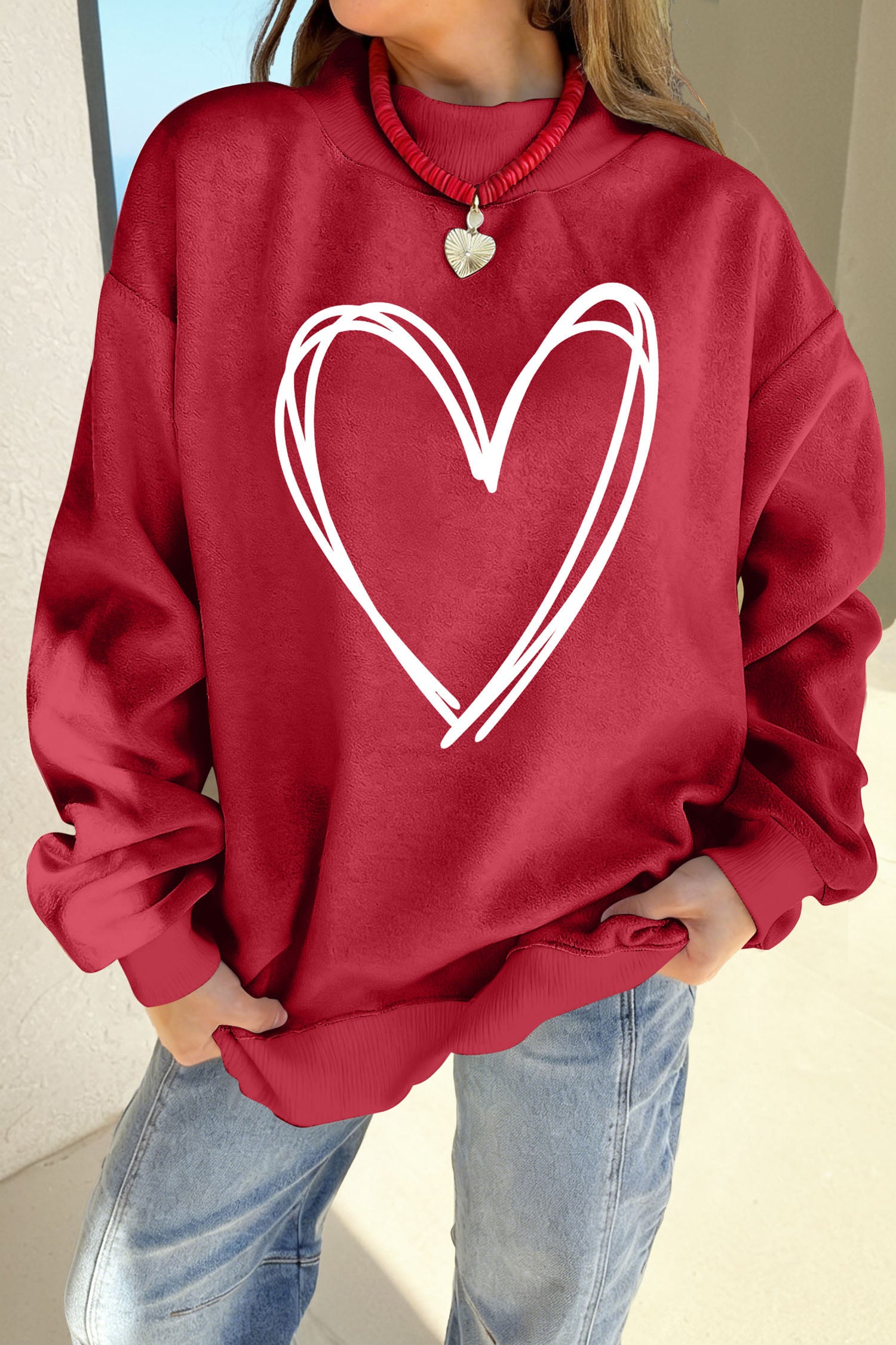 Racing Red Valentines Day Heart Love Script Reversible Printed Double Wear Mock Neck Sweatshirt - Aaria Tees Aaria Tees
