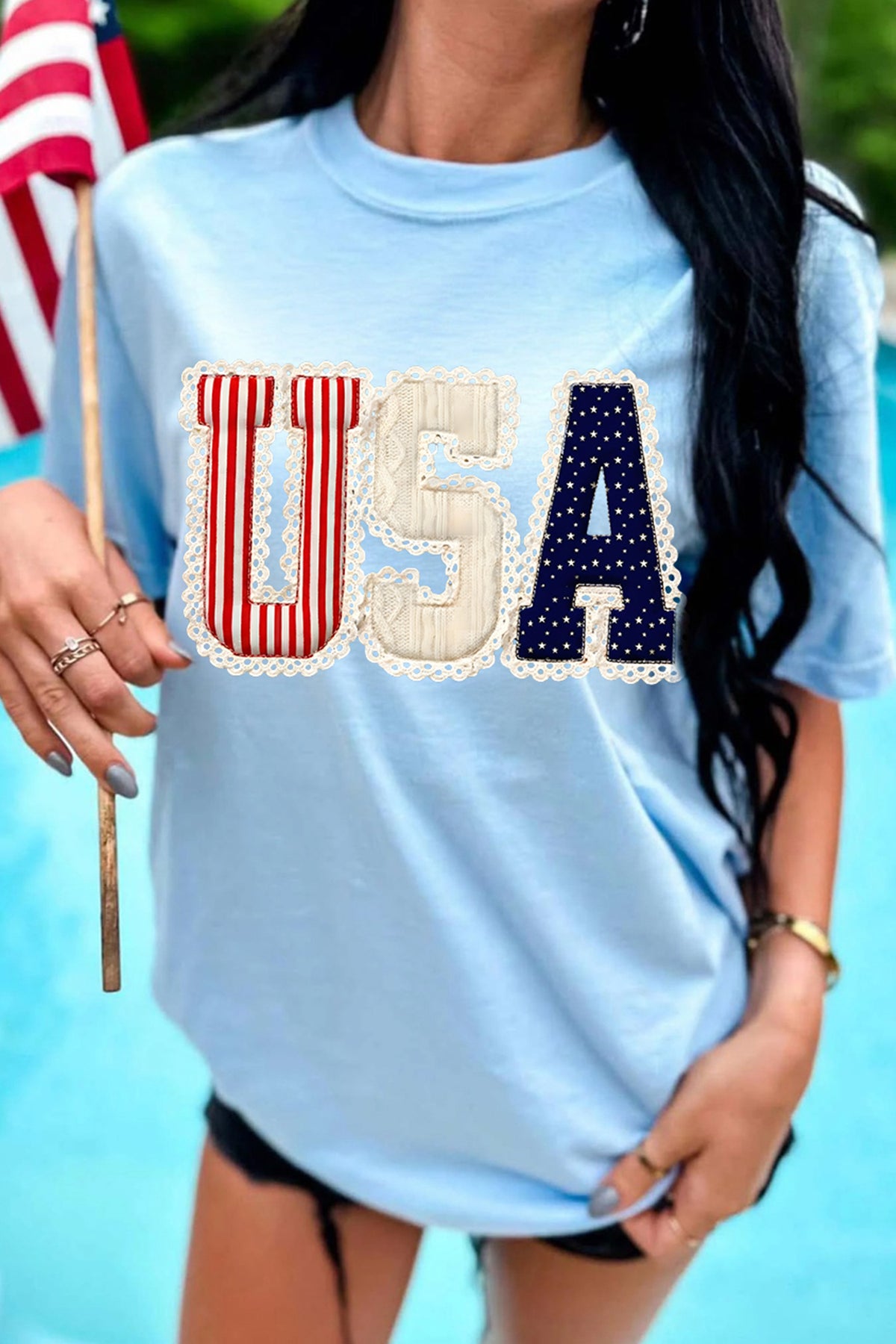 Light Blue USA Patriotic Printed T Shirt - Aaria Tees