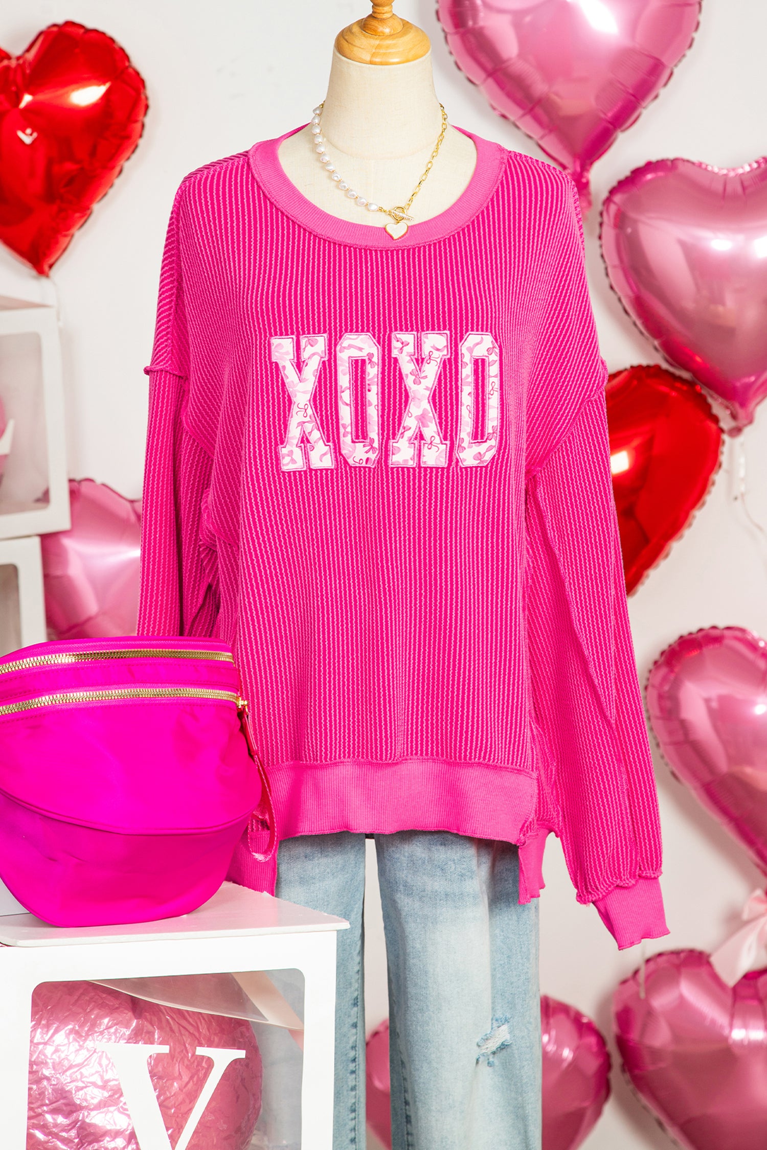 Strawberry Pink Twisted Ribbed Long Sleeve XOXO Bow Print Embroidered Patch Graphic Top - Aaria Tees Aaria Tees
