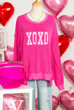 Strawberry Pink Twisted Ribbed Long Sleeve XOXO Bow Print Embroidered Patch Graphic Top - Aaria Tees Aaria Tees