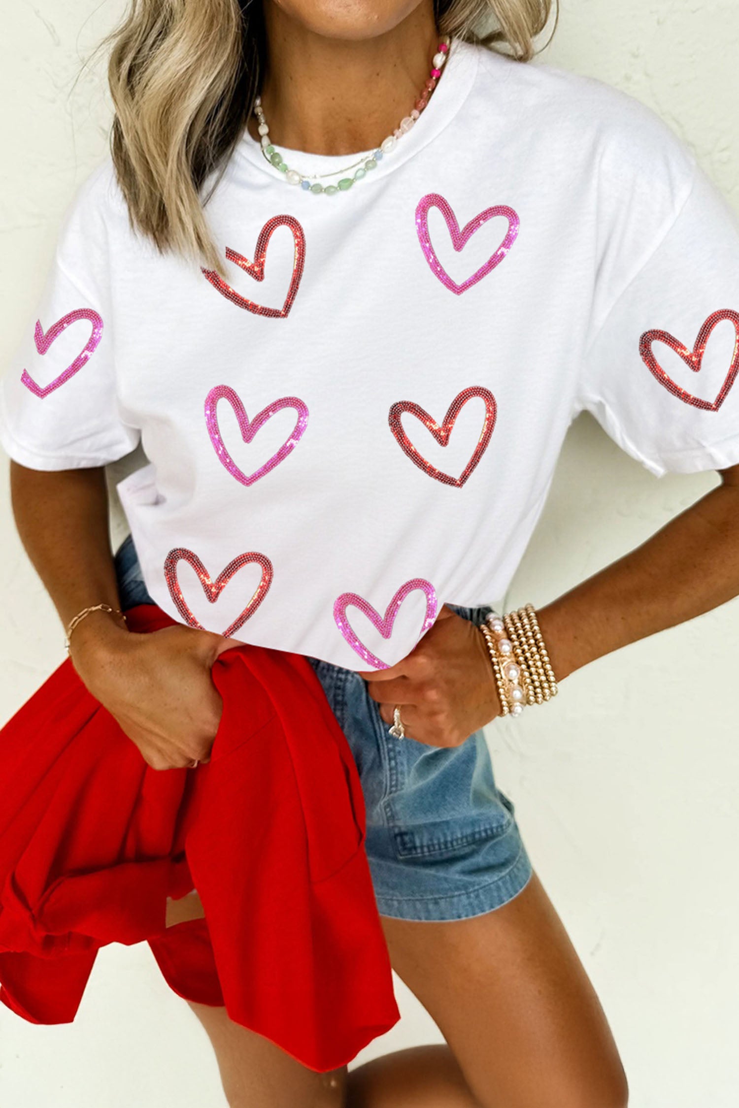 White Sequin Heart Sketch Graphic Womens Casual Tee - Aaria Tees Aaria Tees