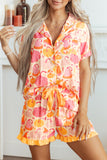 Pink Short Sleeve Pumpkin Print Pocket Placket Shell Button Lounge Set - Aaria Tees Aaria Tees
