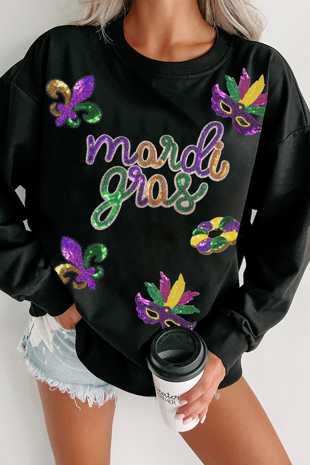 Black Sequin mardi gras Fleur de Lis Graphic Pullover Sweatshirt - Aaria Tees Aaria Tees