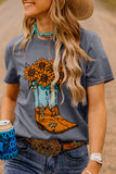 Gray Sunflower Cowgirl Boots Print Western Fashion T Shirt Aaria Tees