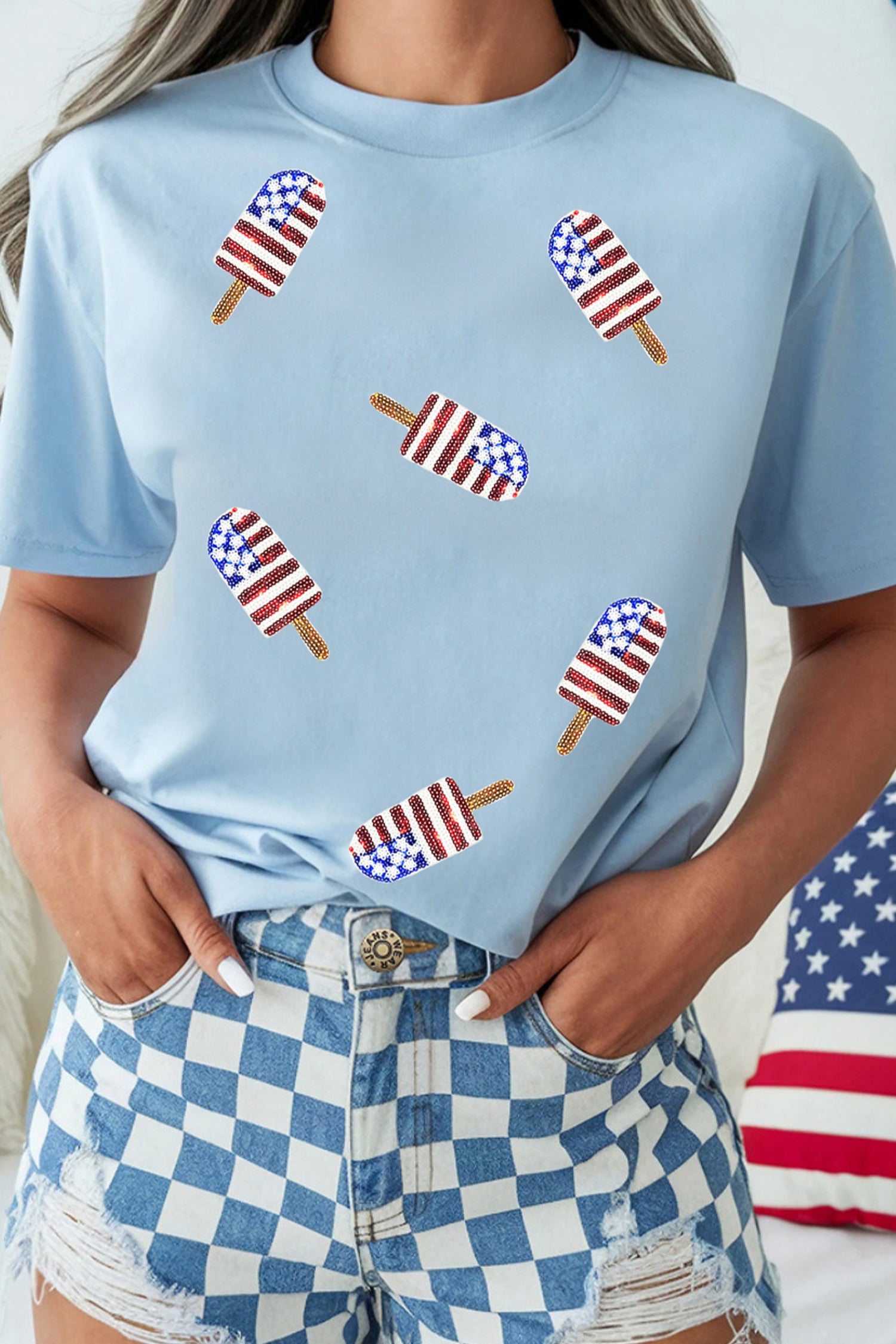 Light Blue Patriotic Sequin Popsicle T Shirt - Aaria Tees Aaria Tees