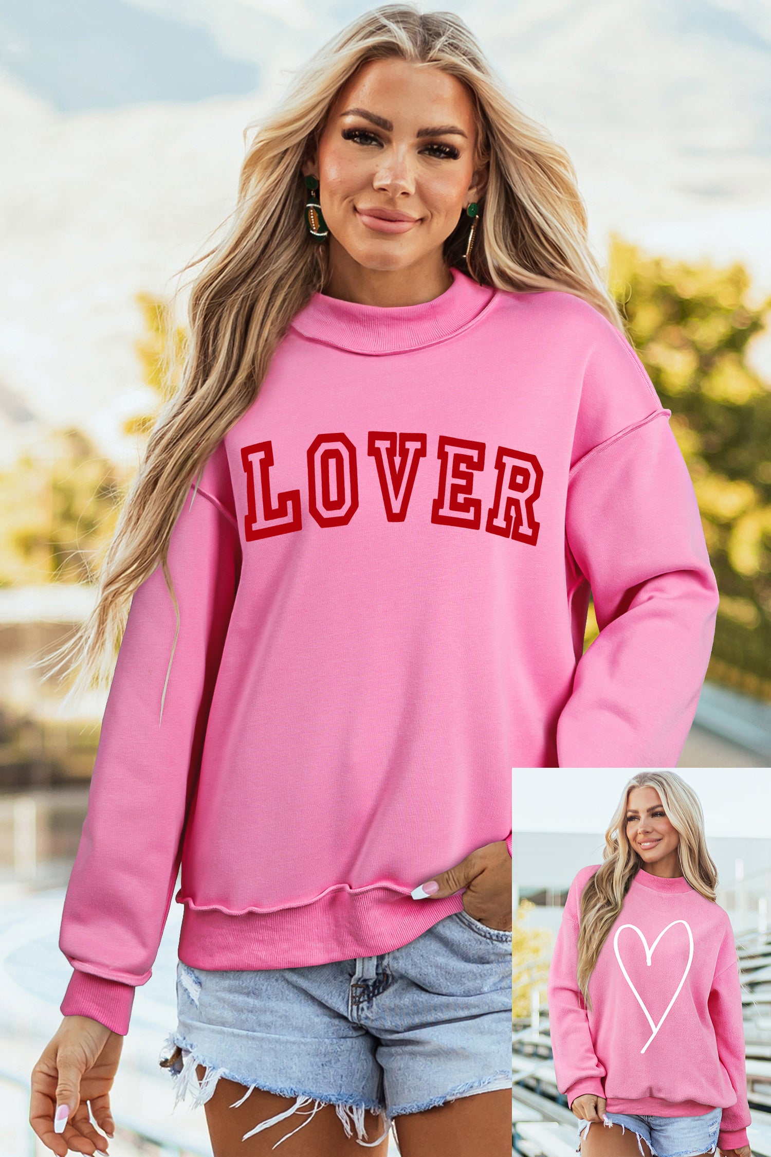 Bright Pink LOVER Heart Script Reversible Print Mock Neck Sweatshirt - Aaria Tees Aaria Tees