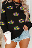 Black Sequined Donuts of Mardi Gras Colors Drop Shoulder Sweatshirt Aaria Tees