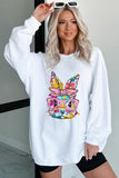 White Floral Rabbit with Glasses Graphic Corded Easter Sweatshirt Aaria Tees