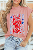Pink God bless the USA Floral American Flag Print High Neck Short Sleeve Top Aaria Tees