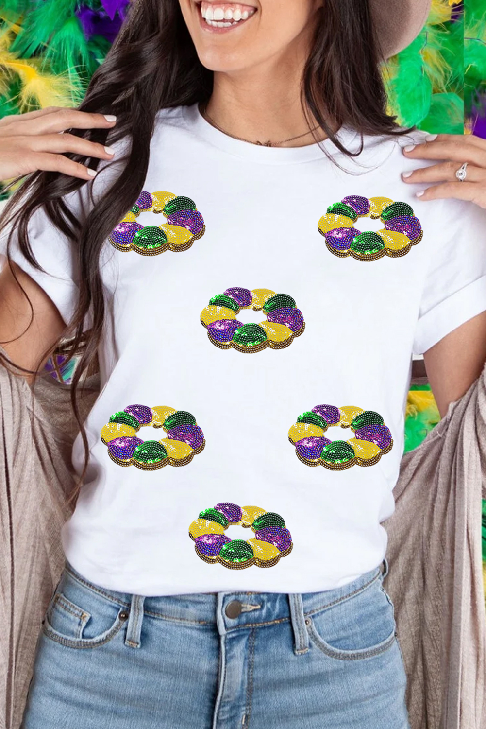 White Sequined Mardi Gras Pattern Crew Neck Short Sleeve Top - Aaria Tees