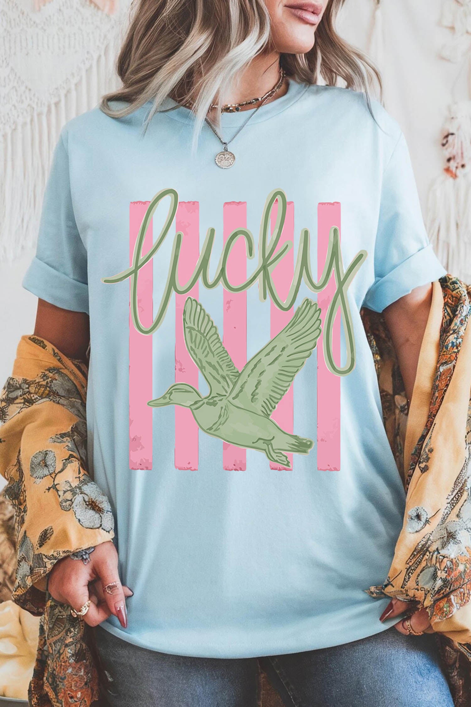 Light Blue Lucky Duck Print Casual Round Neck T Shirt - Aaria Tees Aaria Tees