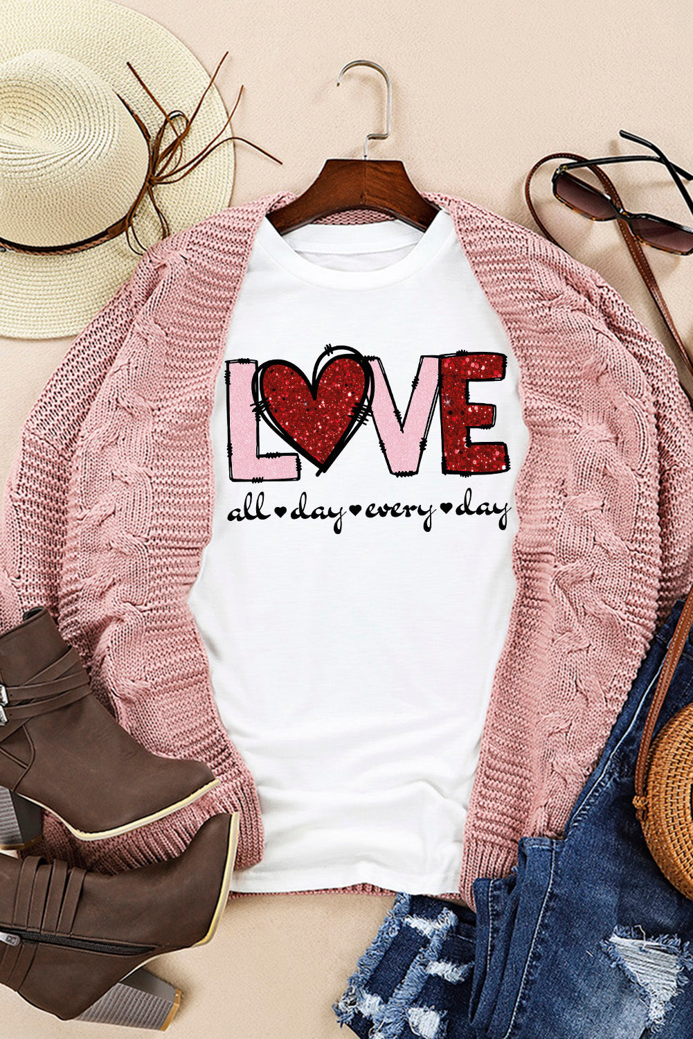 White Valentine LOVE Heart Shape Crew Neck Graphic Tee - Aaria Tees Aaria Tees