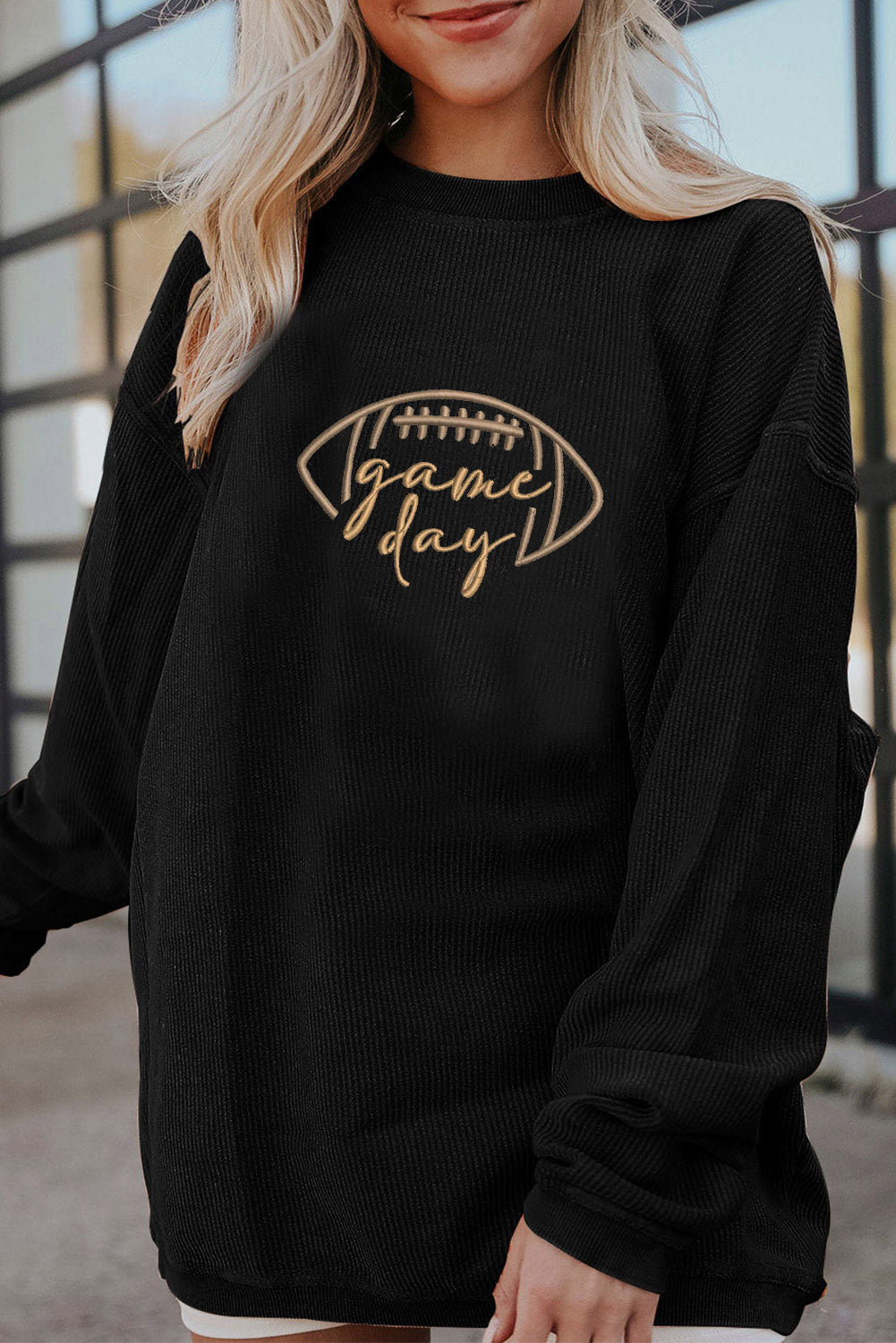 Dark Blue Rugby Game Day Embroidered Corduroy Sweatshirt - Aaria Tees Aaria Tees