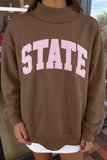Coffee Exposed Seam Mock Neck STATE Letter Graphic Loose Sweatshirt Aaria Tees