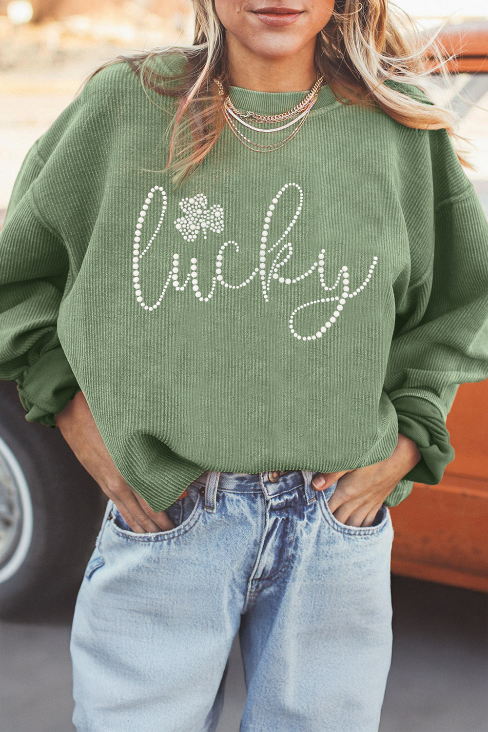 Grass Green Rhinestone lucky Clover Graphic Ribbed St Patrick Sweatshirt - Aaria Tees Aaria Tees