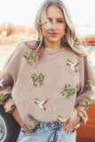 Apricot Twisted Rib Sequin Patched Mallard Bow Pattern Oversized Sweatshirt - Aaria Tees Aaria Tees
