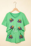 Mint Green Sequin Mardi Gras Mask V Neck Tee Drawstring Shorts 2pcs Outfit Aaria Tees
