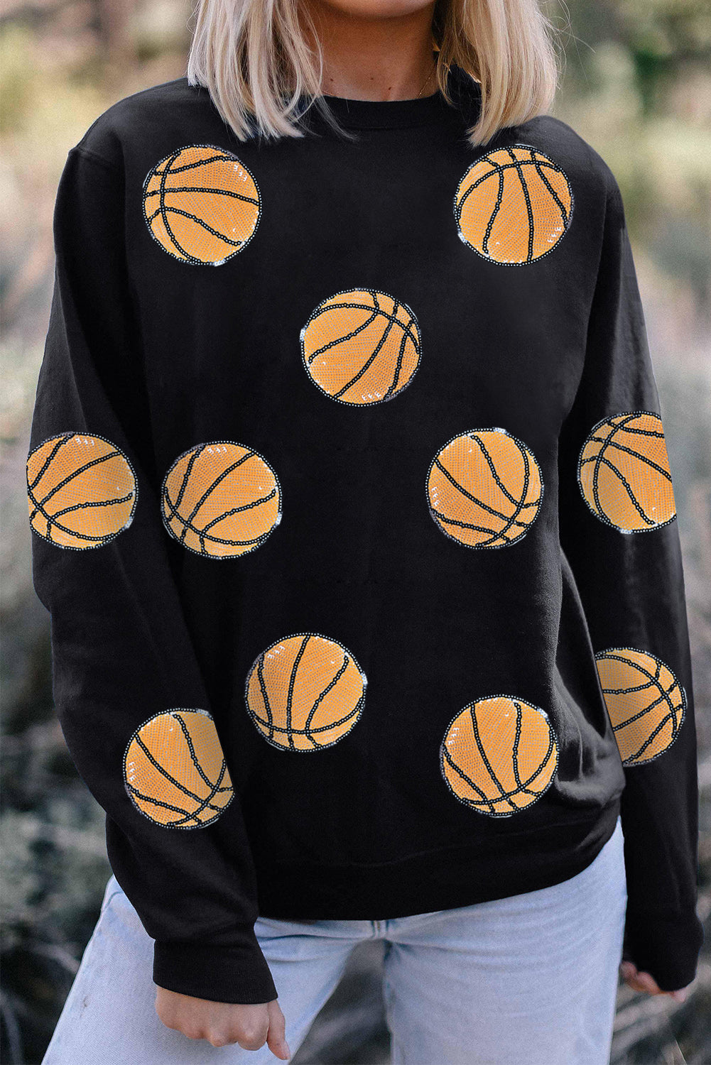 Black Sequin Ball Patched Crewneck Game Day Sweatshirt - Aaria Tees Aaria Tees