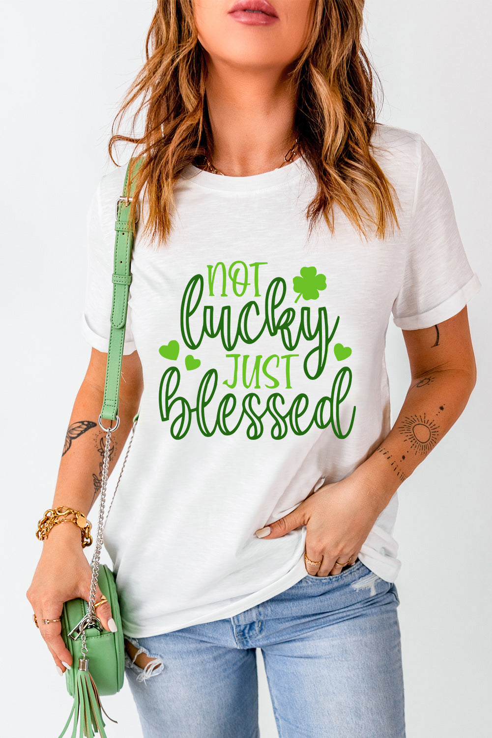 White St Patricks Not Luck Just Blessed Graphic T-shirt - Aaria Tees Aaria Tees