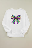 White Mardi Gras Bow Graphic Drop Shoulder Sweatshirt Aaria Tees