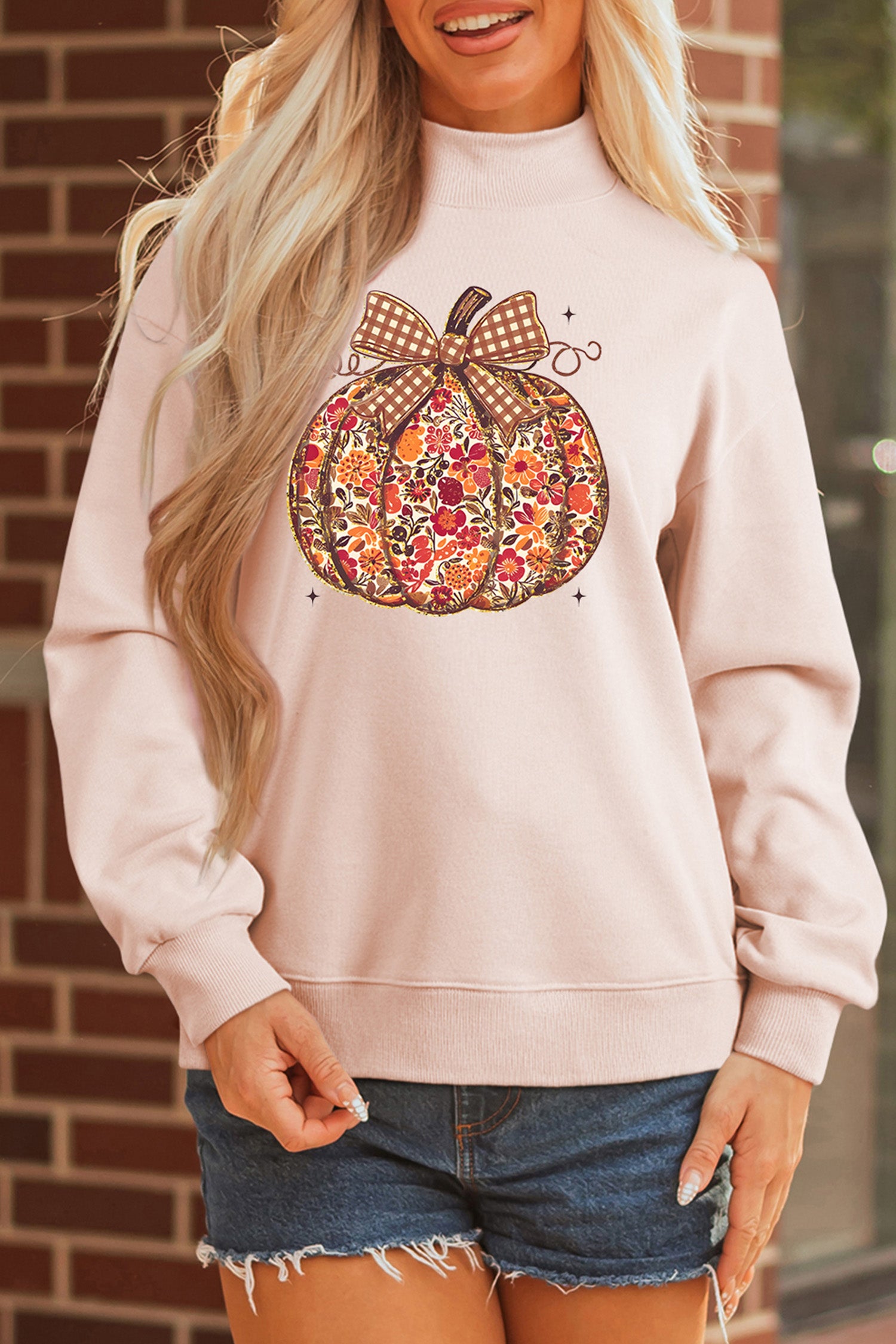 Apricot Pink Floral Pumpkin Graphic Mock Neck Oversized Sweatshirt - Aaria Tees Aaria Tees