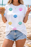 White Sequin Shell Graphic Summer Loose T Shirt Aaria Tees