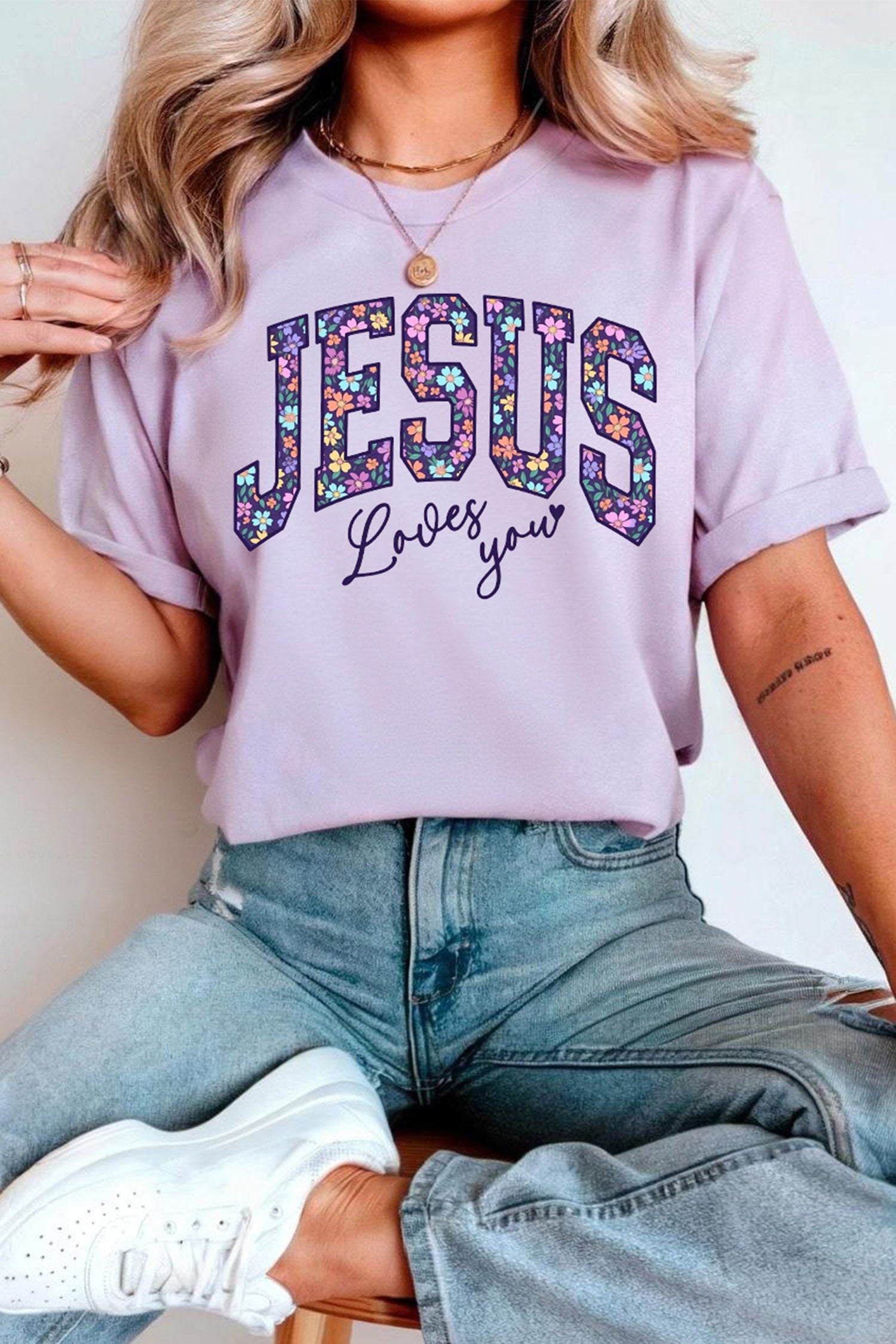 Orchid Petal Christian Floral Letter Graphic Round Neck T Shirt - Aaria Tees Aaria Tees