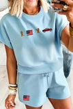Mist Blue Western Patriotic Embroidered Flag Pattern Casual Two Piece Set Aaria Tees