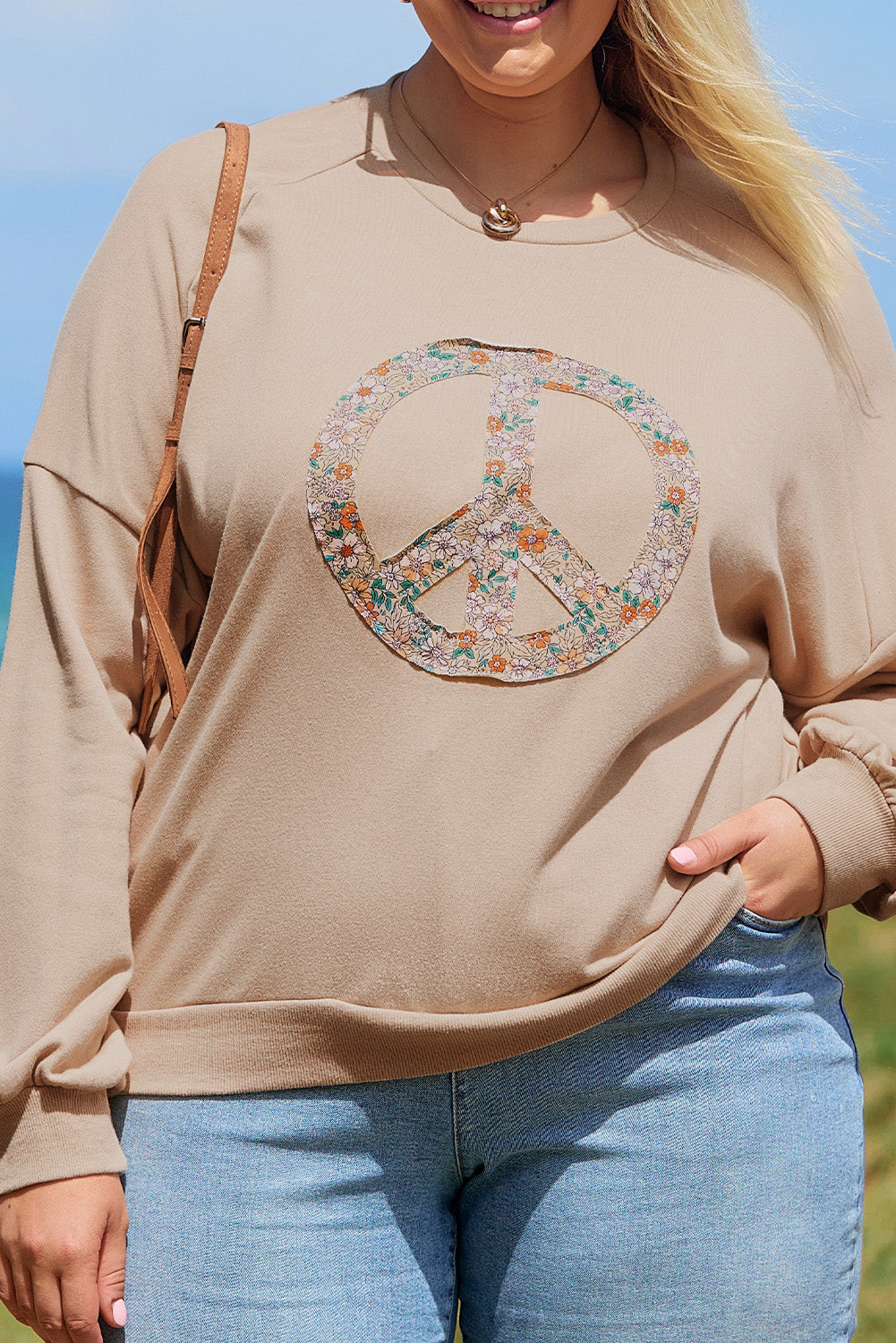 Pale Khaki Floral Peace Sign Graphic Washed Terry Plus Size Sweatshirt - Aaria Tees Aaria Tees
