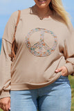 Pale Khaki Floral Peace Sign Graphic Washed Terry Plus Size Sweatshirt - Aaria Tees Aaria Tees