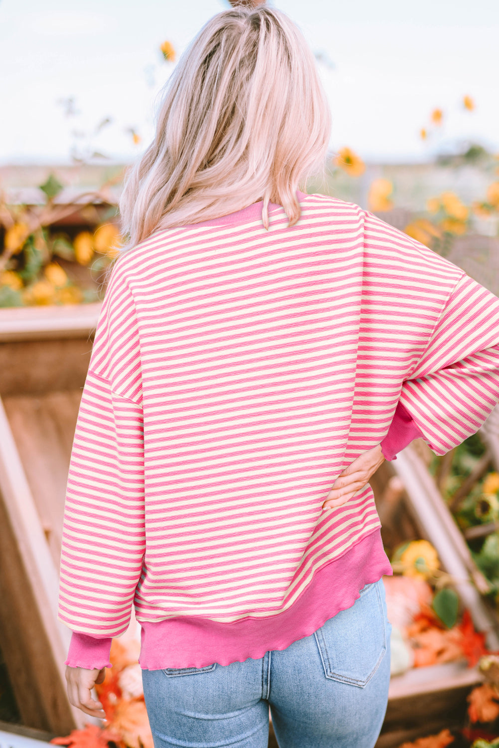 Pink Stripe Santa Clause Print Drop Shoulder Long Sleeve Loose Top - Aaria Tees Aaria Tees