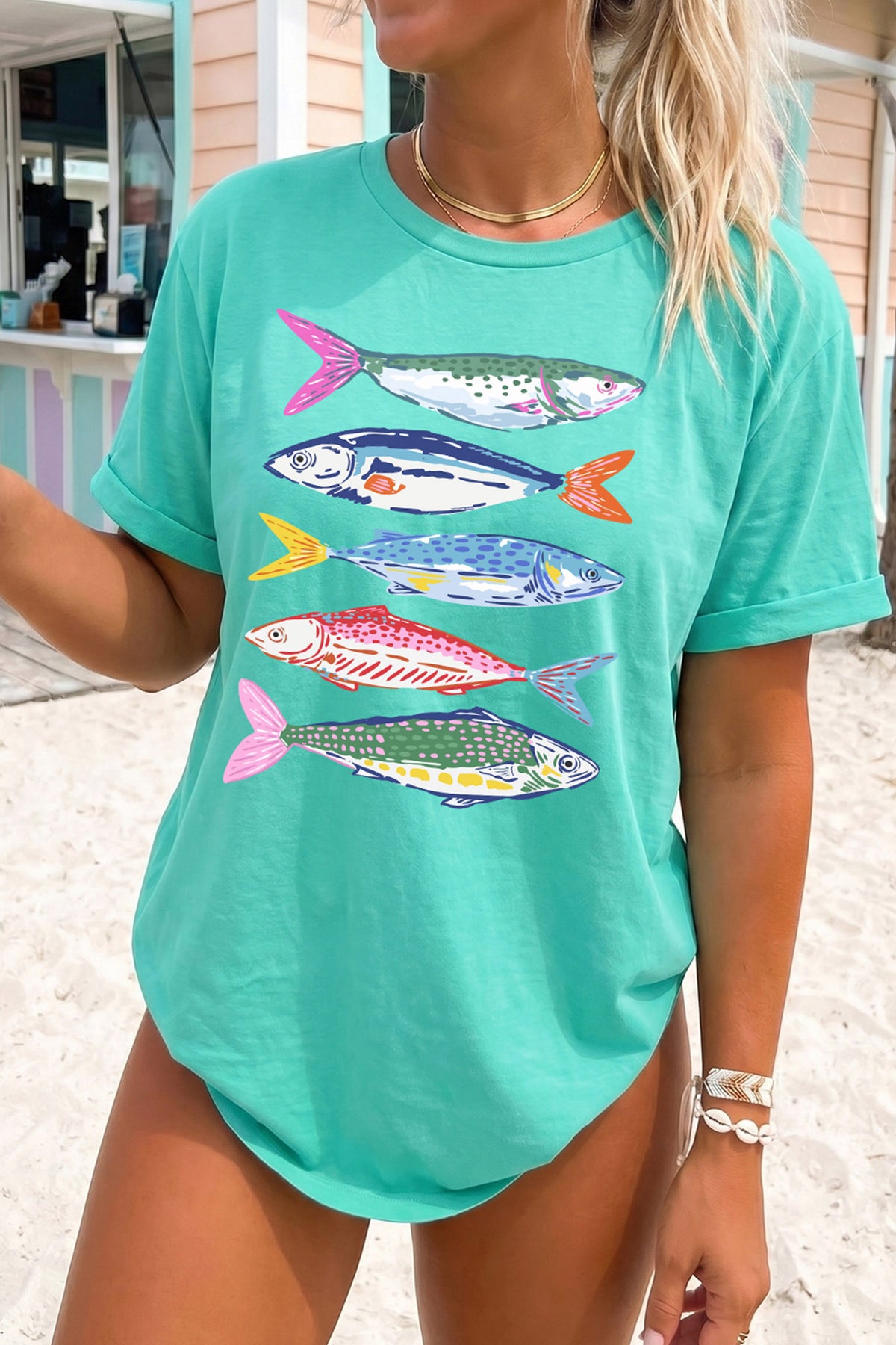 Mint Green Vibrant Fish Print Casual Short Sleeve T Shirt - Aaria Tees