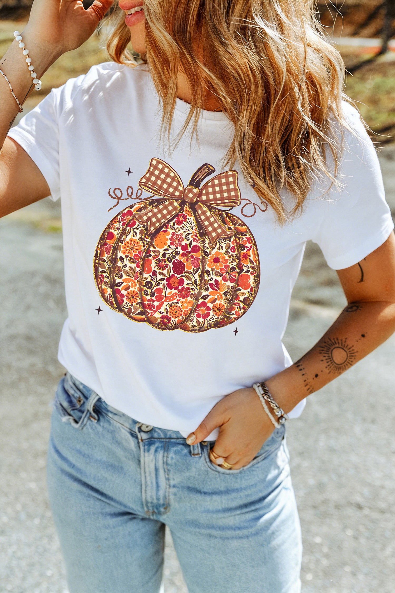 White Floral Pumpkin Print Round Neck Short Sleeve T-Shirt - Aaria Tees Aaria Tees
