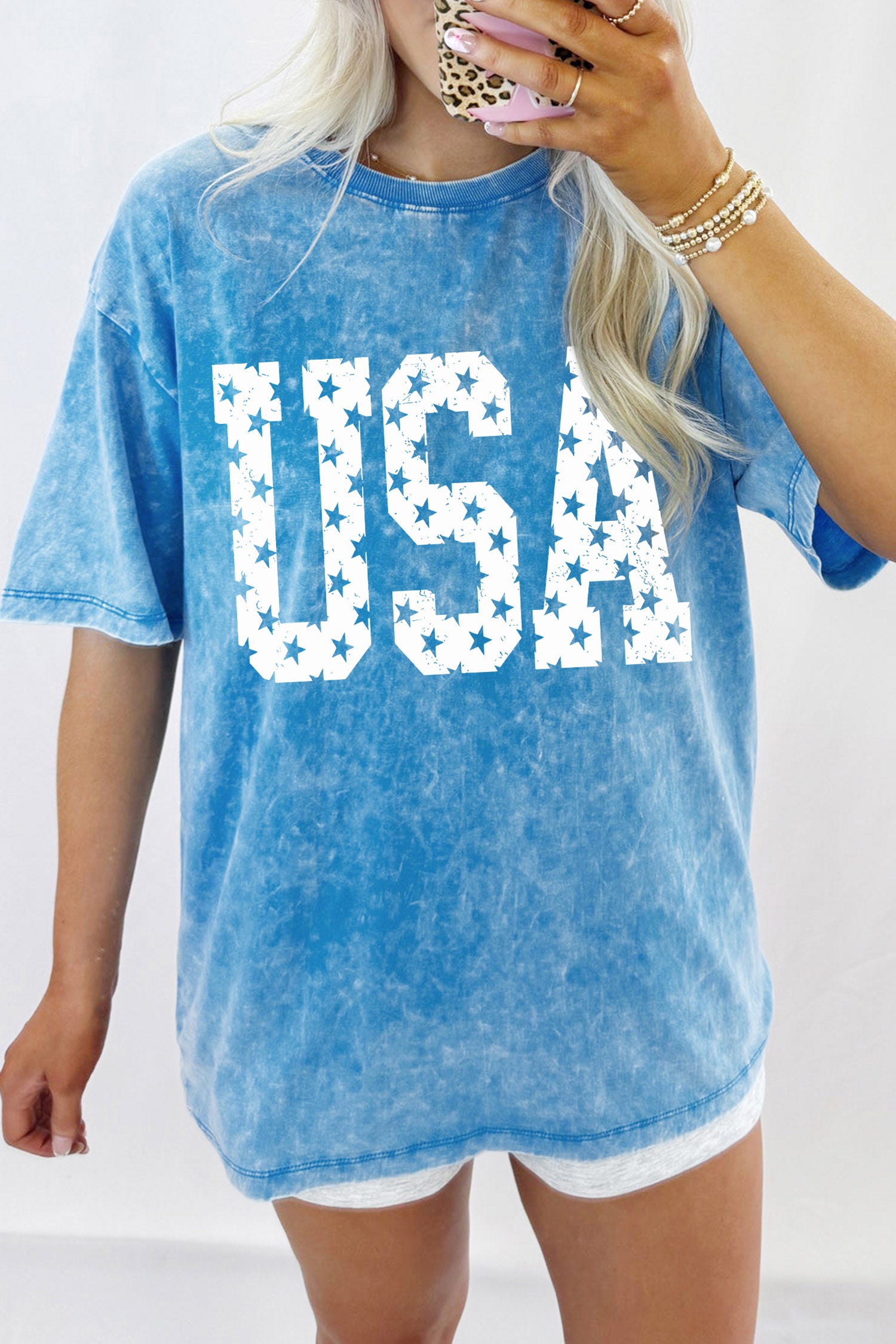 Blue USA Star Print Mineral Washed Cotton Tee - Aaria Tees Aaria Tees